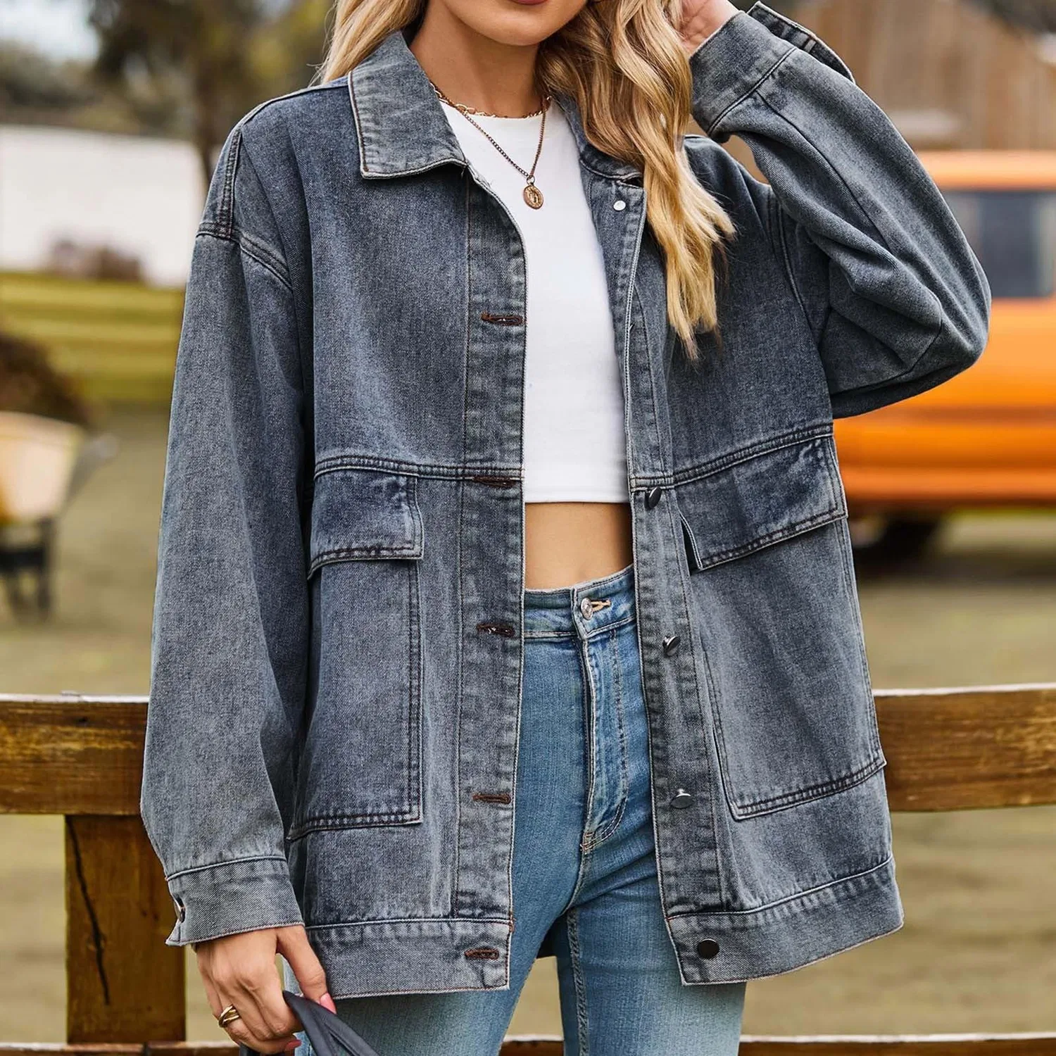 Женское джинсовое пальто с шалью-воротником Boyfriend Jean Jacket, Azzurro — фото 2
