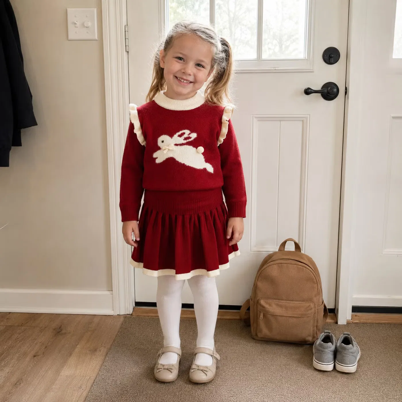 Комплект вязаный с принтом зайчика, модель Girls bunny knit pullover and pleated skirt, Bloomknit, серый