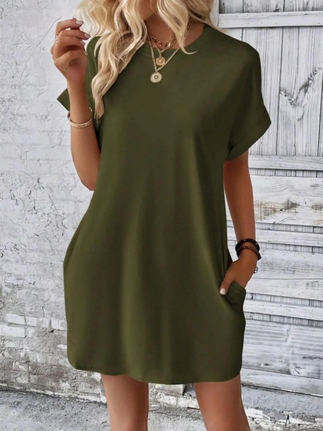 Женское летнее платье-футболка свободное, Army Green — фото 4