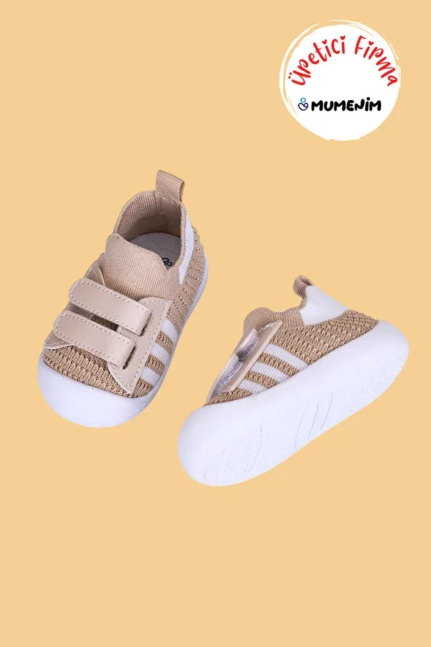 Детские туфли для девочек без каблука с липучкой Wisil kids baby velcro flexible soft barefoot sole beige first step shoes Mumenim, Beige