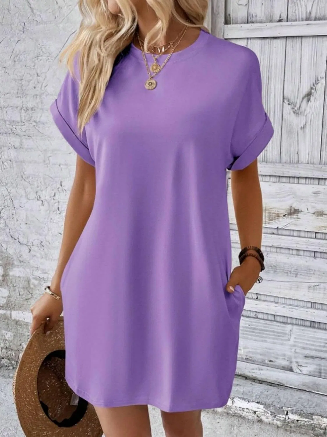 Женское платье-футболка A-силуэта с карманами, Purple — фото 2