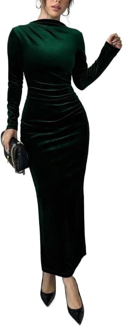 Женское длинное платье с асимметричной оборкой, Dark Green — фото 2