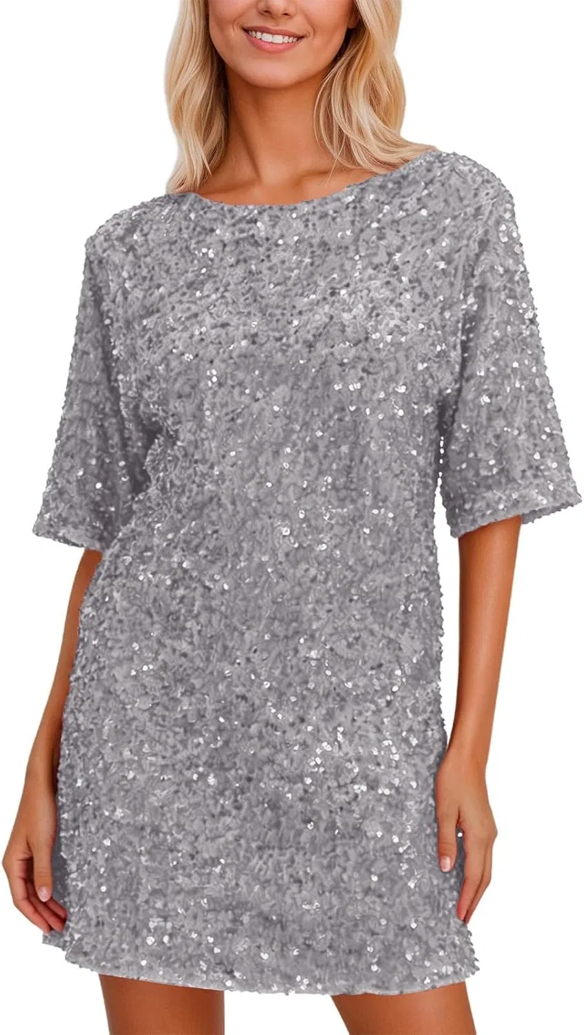 Женское блестящее мини-платье с открытой спиной Half Sleeve, Grey