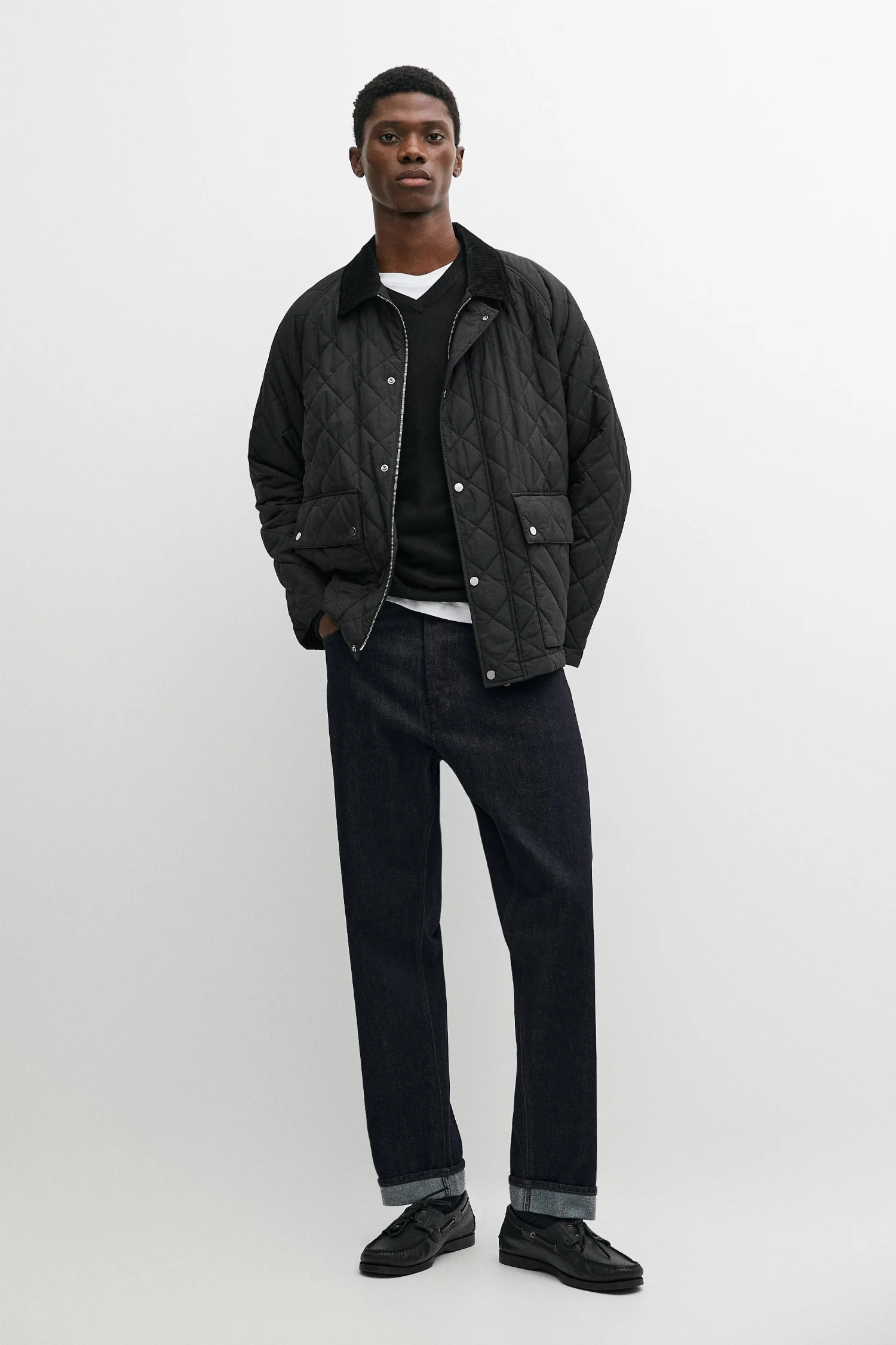 Стеганая куртка с вельветовым воротникомMassimo Dutti, черный