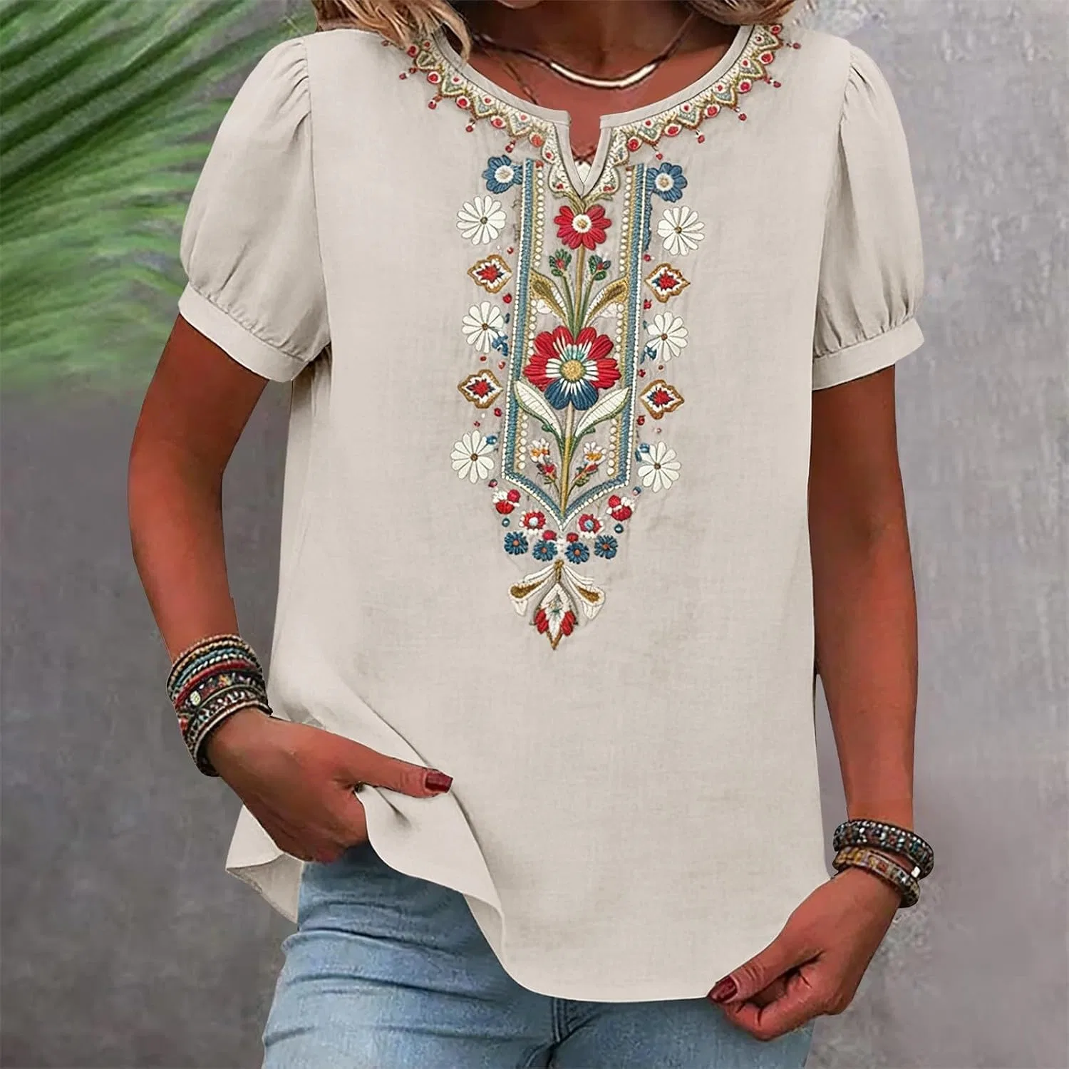 Женская туника с вышивкой Cotton Linen Gauze Simple Summer Tunic Blouses, бежевый — фото 3