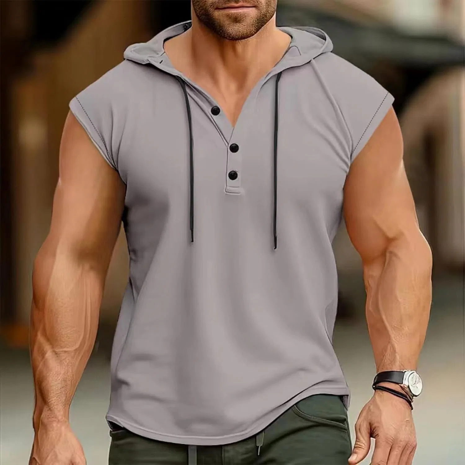 Мужская тренировочная худи с капюшоном, короткий рукав, Solid Color, Gray — фото 2