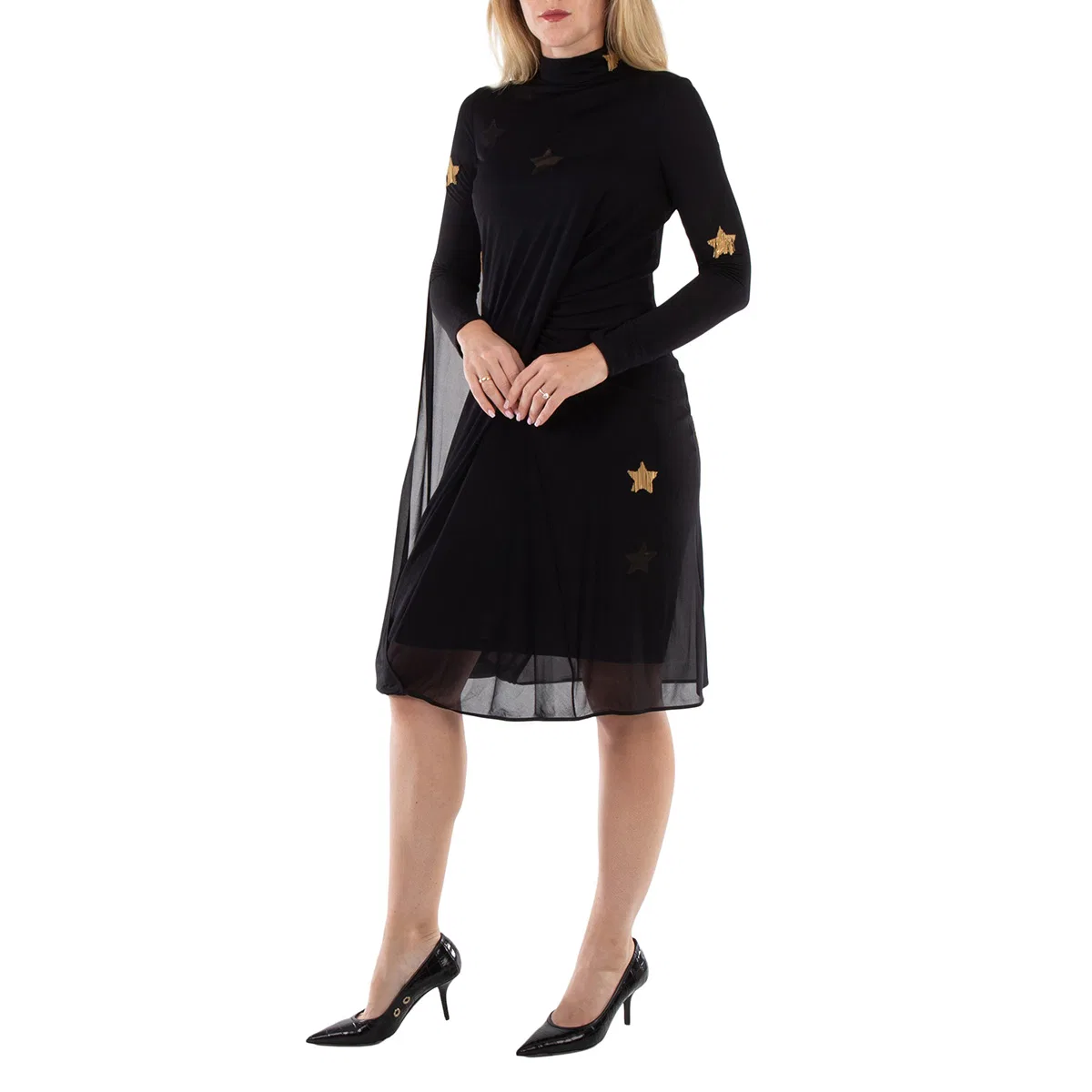 Платье с длинным рукавом Black Star Motif Gathered Silk Viscose Dress Burberry, Black — фото 3