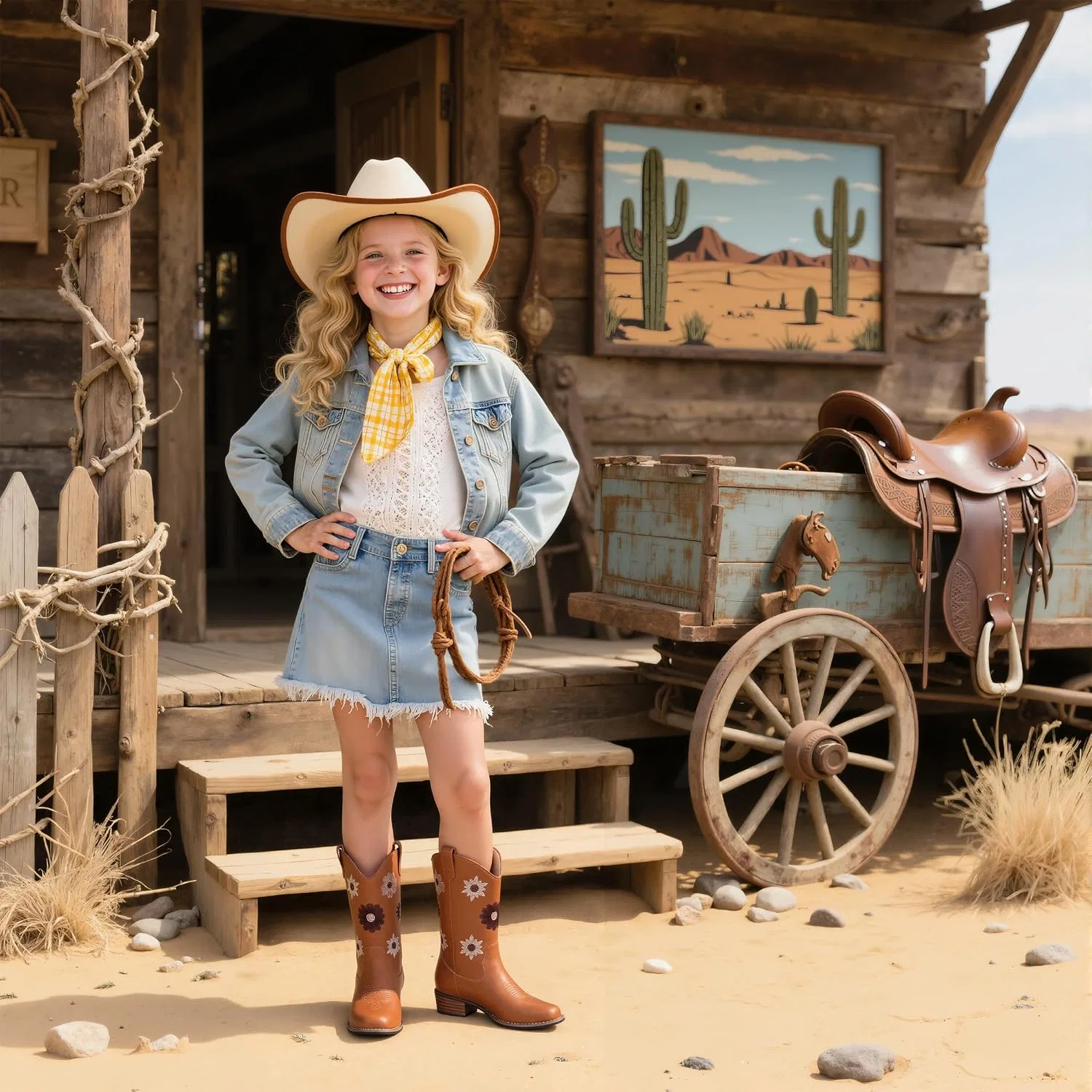 Детские сапоги для девочек с цветочной вышивкой Cowgirl Boots Goiphrri, Brown — фото 4