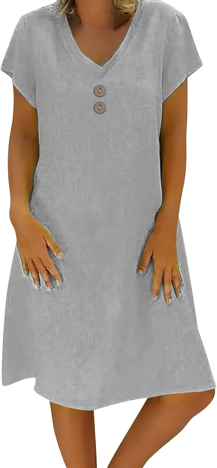 Женское платье миди с V-образным вырезом и рукавом 3/4 Cotton Linen, Grey