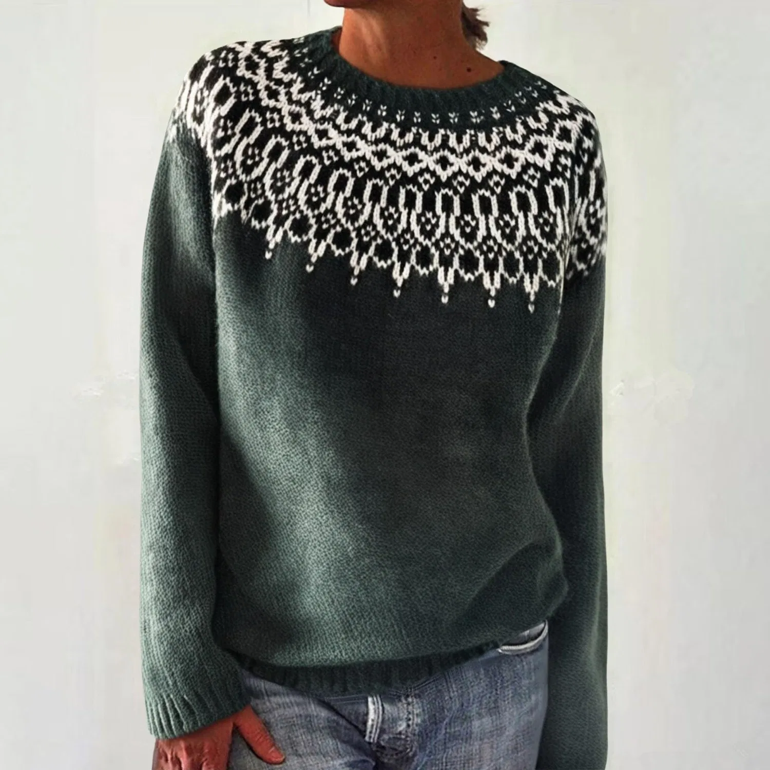 Женский свитер с принтом Retro Knitted Sweater with Isle Print, Black Green — фото 2