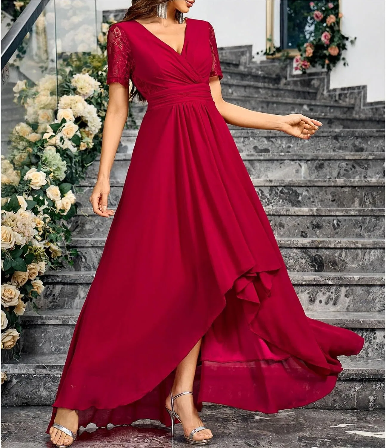 Женское вечернее платье макси V-образный вырез, Wine Red — фото 2