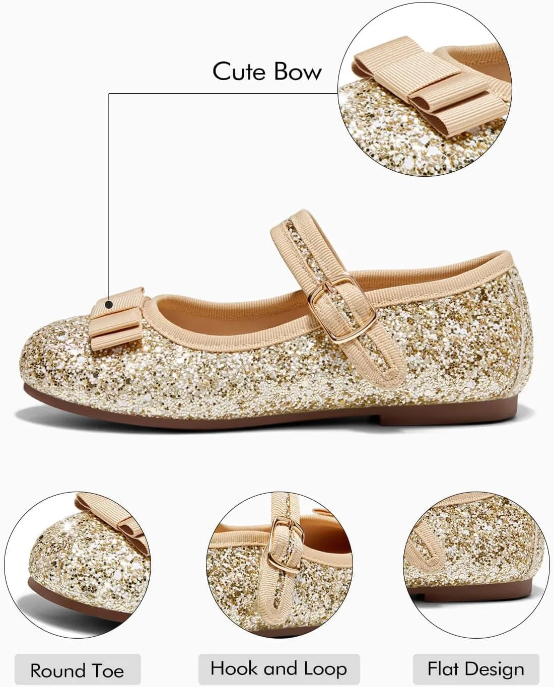 Детские балетки для девочек с бантом Coutgo, Gold Glitter — фото 4