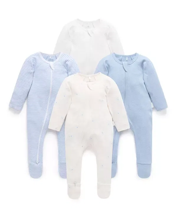 Детский комплект комбинезонов на молнии для новорожденных 4 шт Purebaby, Pale Blue Bear Pack
