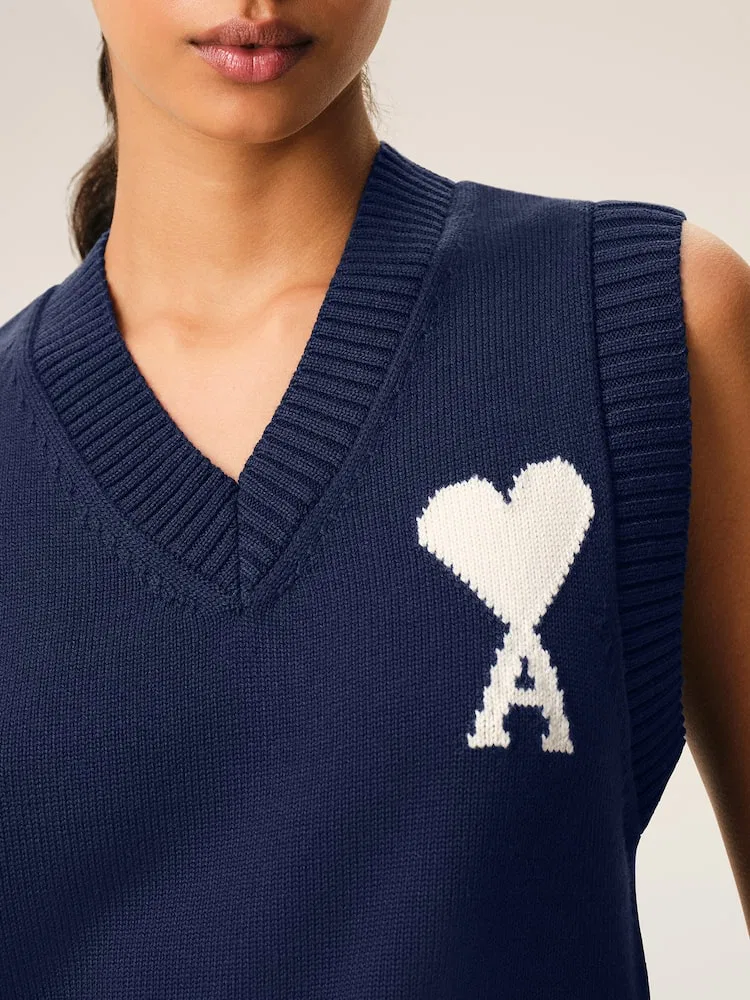 Жилет без рукавов с V-образным вырезом, с контрастным логотипом Ami De Coeur AMI PARIS, Navy — фото 3