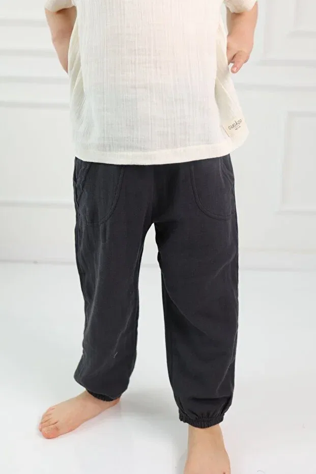 Детские брюки для девочек хлопковые Muslin pants kids Cuckoo Cotton, Anthracite — фото 4