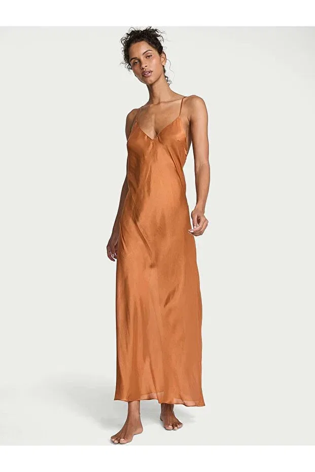 Женская ночная рубашка сатиновая с принтом Luxury satin transparent nightgown Victoria'S Secret, Mustard Yellow