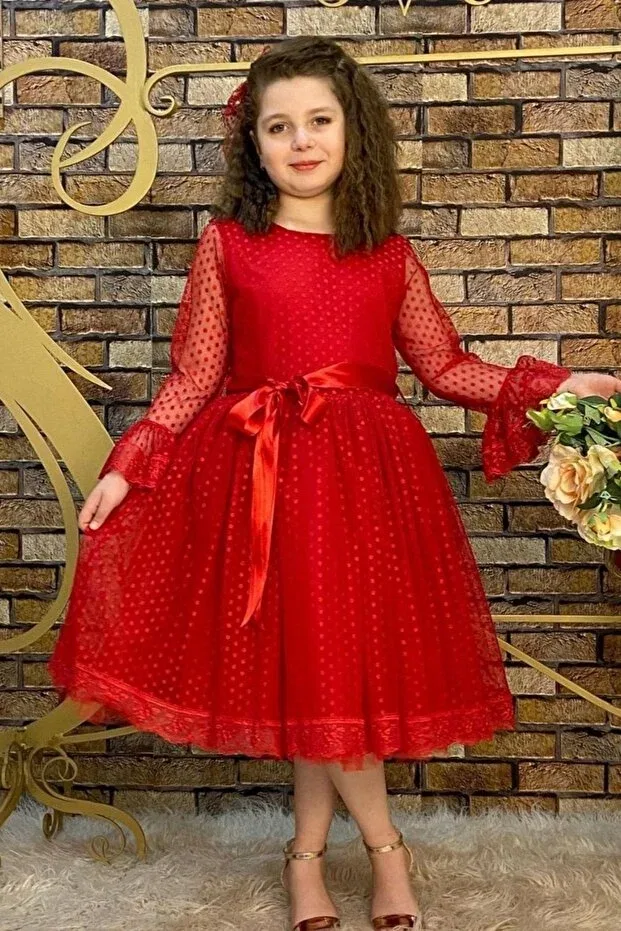 Детское платье для девочек с принтом в горошек Abiyekids, Red — фото 3