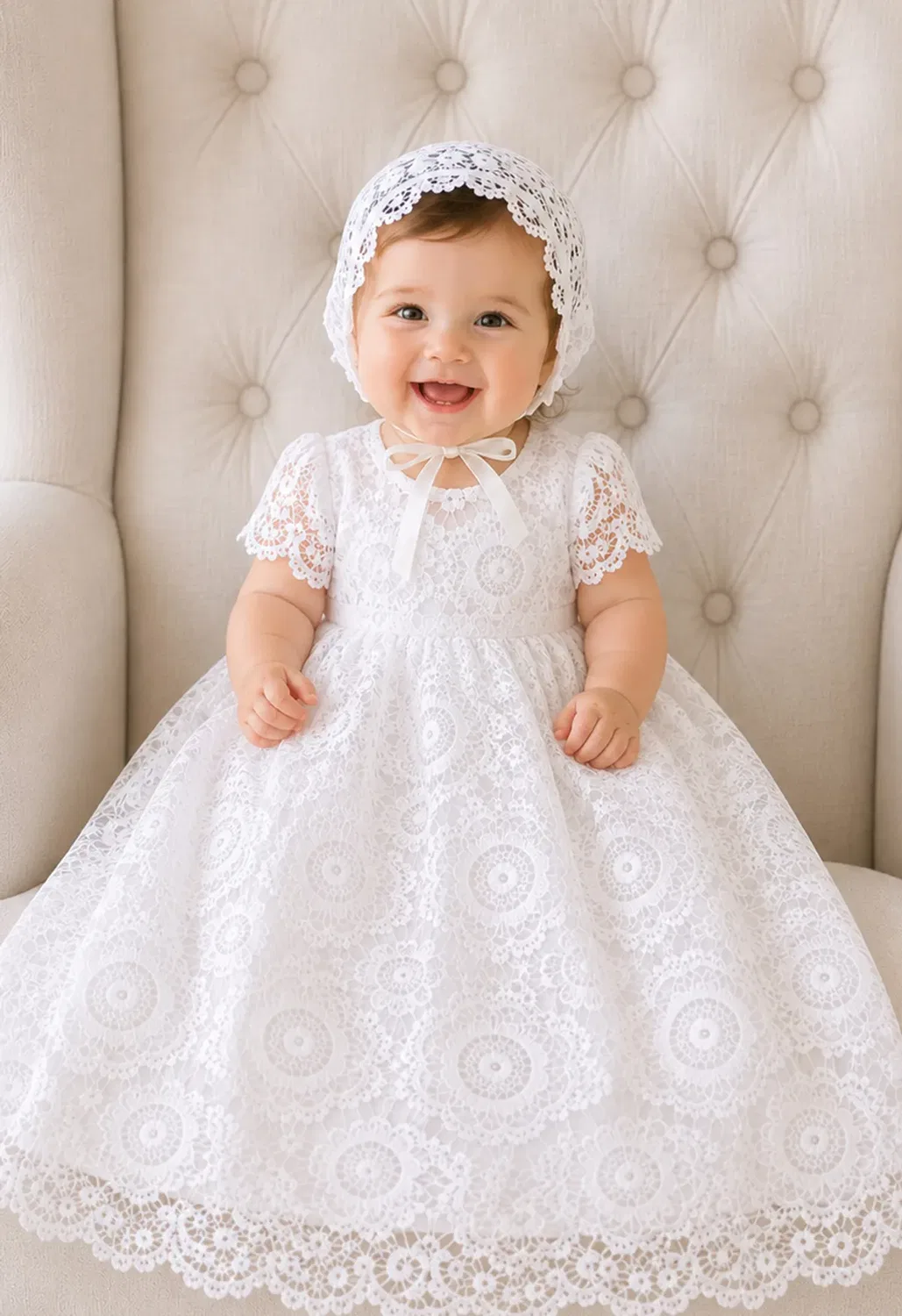 Платье для крещения с чепчиком Vivian Lilly + Bo, White