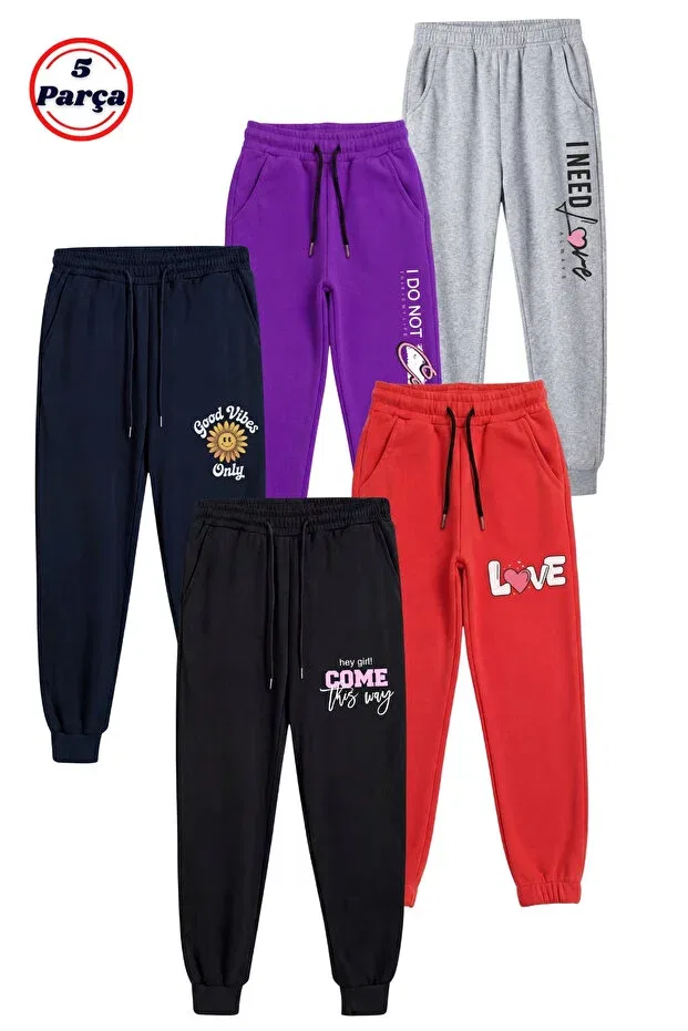 Детский комплект спортивных штанов для девочек с принтом Ya Ko Kids, Gray-Purple-Navy Blue-Red-Black