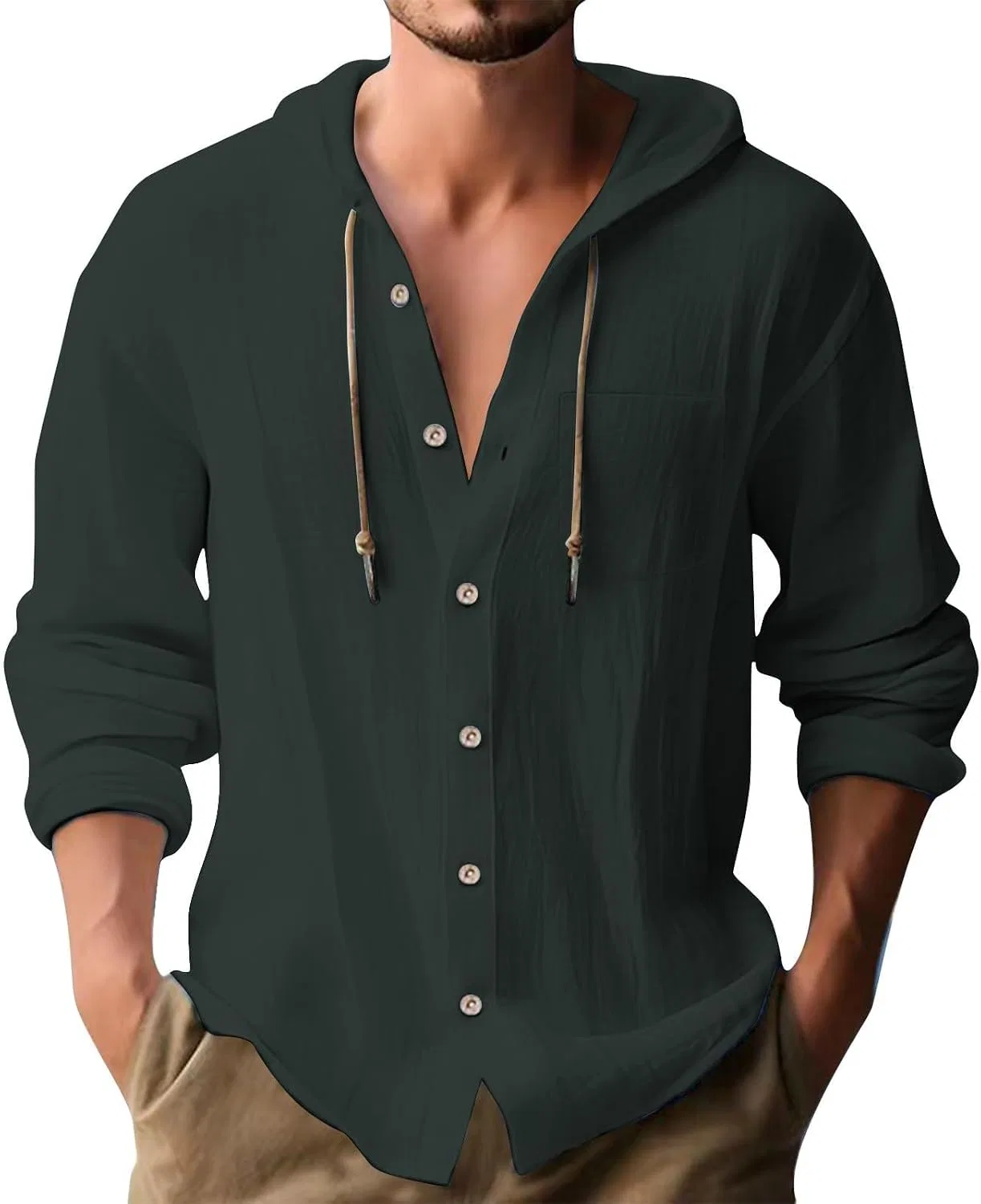 Мужская льняная рубашка с капюшоном Long Sleeve Cotton Linen Hoodies, Dark Green — фото 3