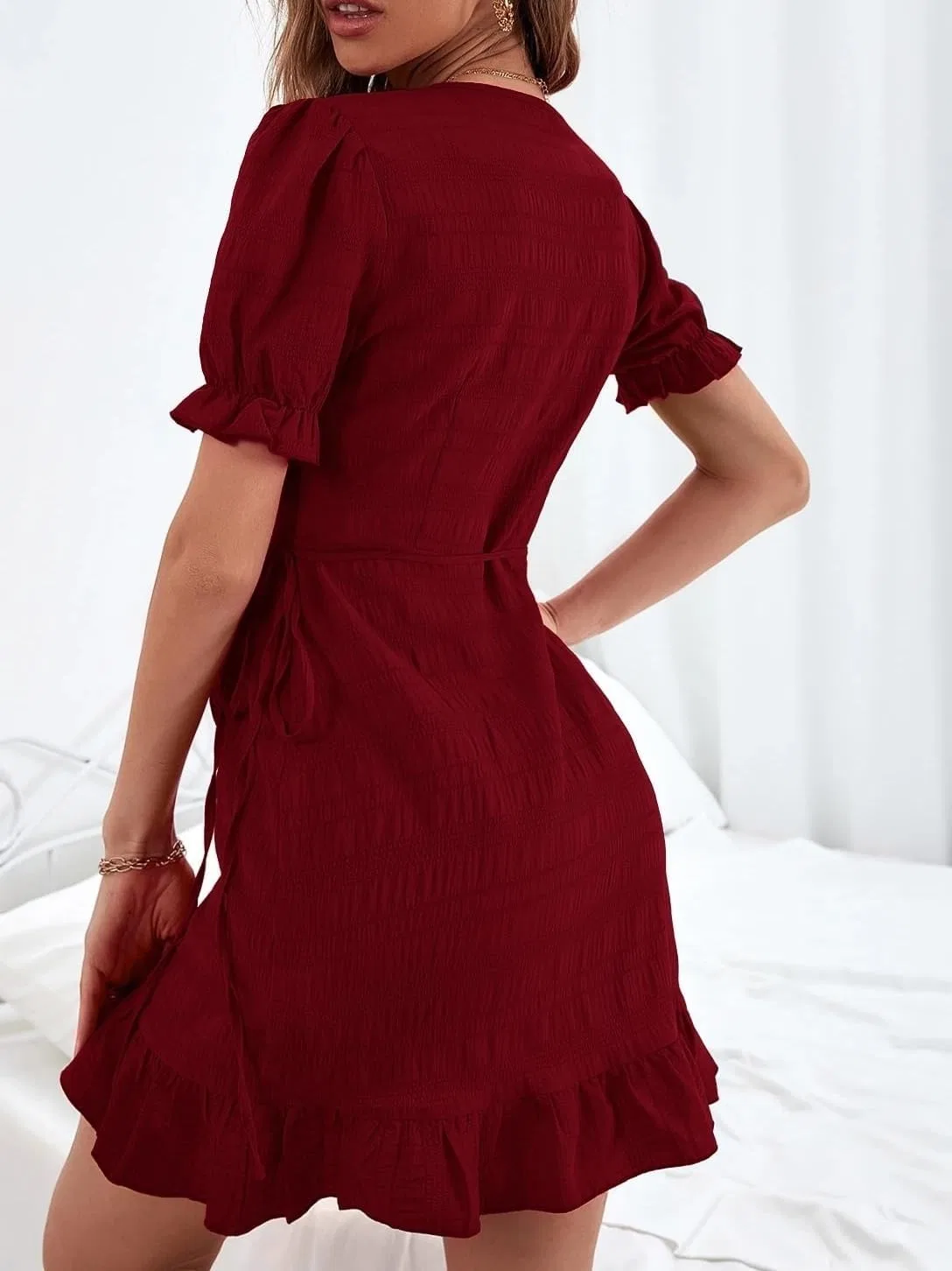 Женское A-силуэта мини-платье с рукавами-фонариками Wrap, Burgundy — фото 2