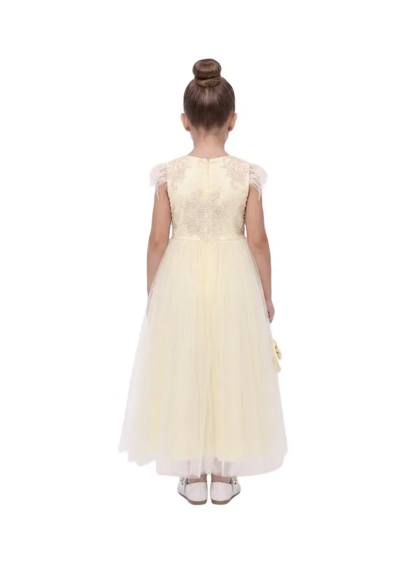Платье с перьями, модель Party Gown, Bidani, бледно-желтый — фото 3
