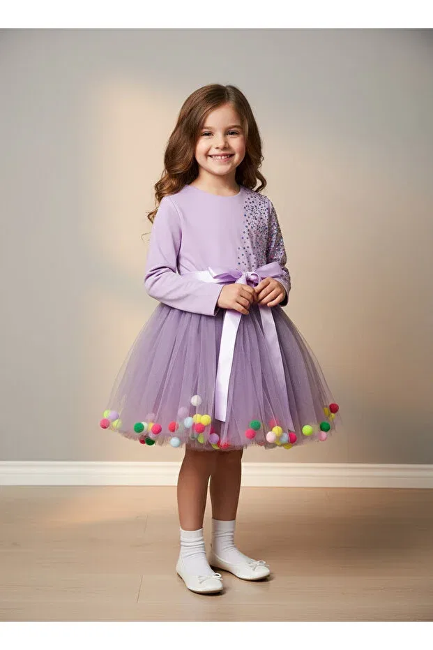 Детское платье для девочек с длинным рукавом Pompom children's dress 086229 By Piera, Lilac — фото 3