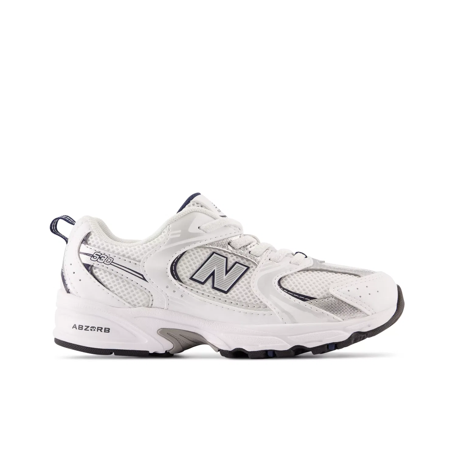 Детские кроссовки New Balance 530 Bungee с эластичными шнурками, White With Natural Indigo And Silver Metallic