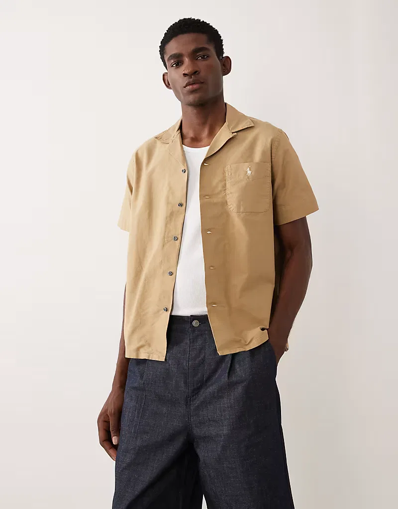 Хлопковая рубашка Polo Ralph Lauren с коротким рукавом, бежевый