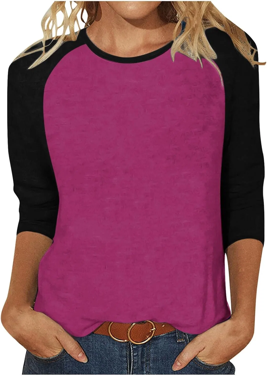 Женская футболка с длинным рукавом 3/4 Patchwork Color Block, Hot Pink