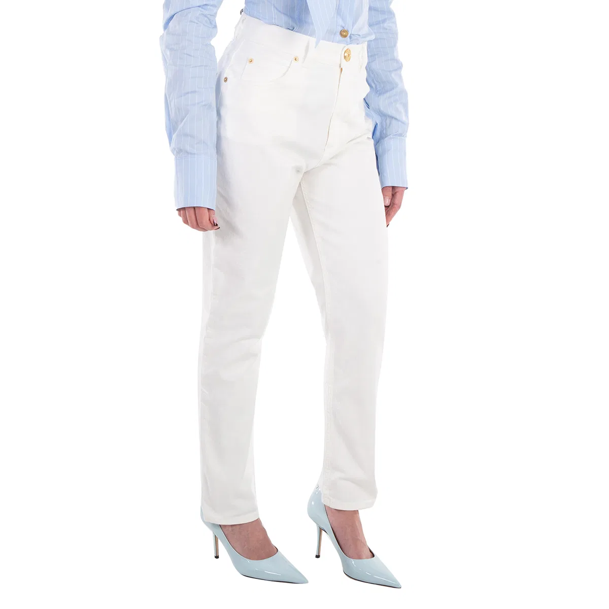 Джинсы с высокой посадкой и зауженным кроем High Waist Slim Fit Jeans Balmain, White — фото 2