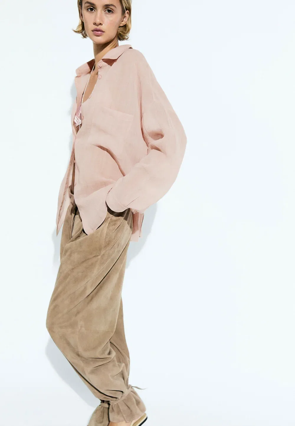 Струящаяся рубашка из рами с карманами - блузка на пуговицах Massimo Dutti, Pink — фото 4