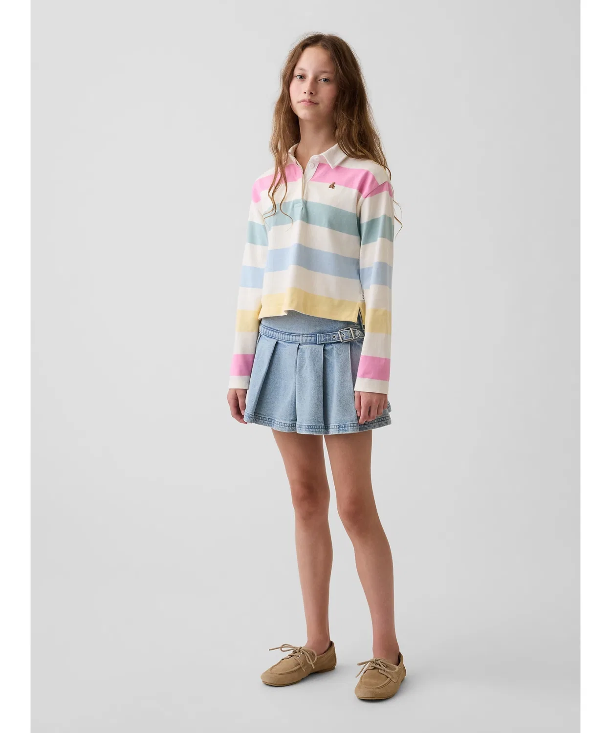 Детская джинсовая плиссированная мини-юбка с поясом GAP, Light Indigo Blue