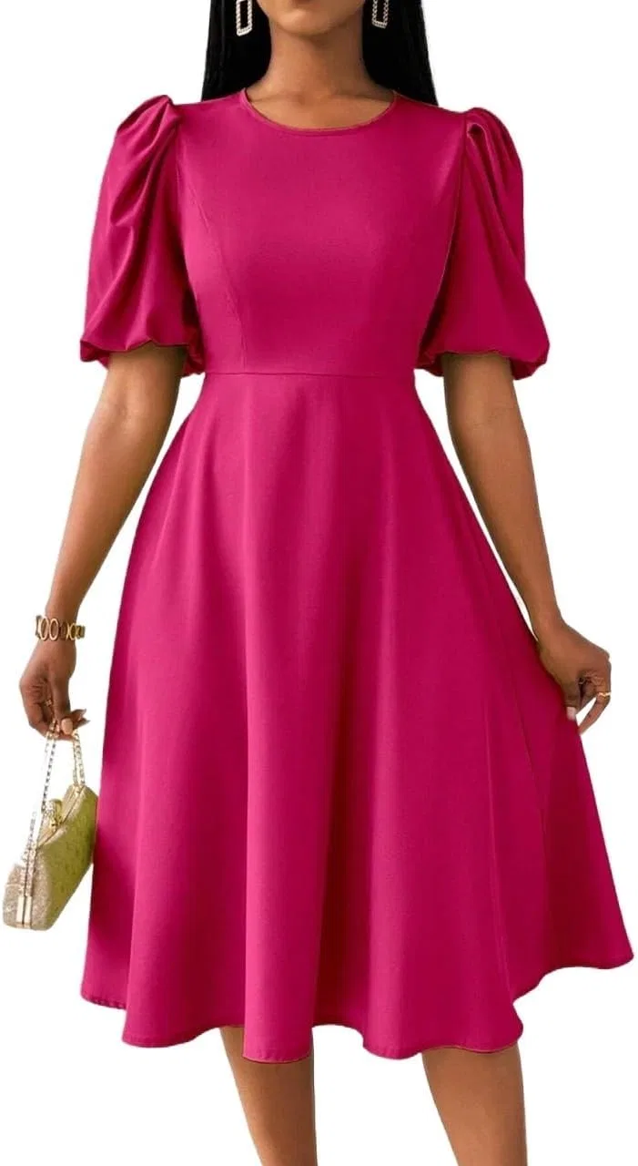 Женское повседневное платье миди A-силуэта с коротким рукавом, Hot Pink