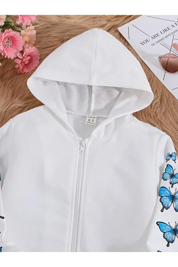 Детский спортивный комплект с принтом White Butterfly Printed Zippered Jacket, Crop And Tracksuit Set Keywest, White — фото 3