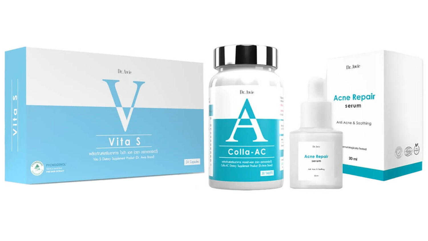 

Набор для кожи с акне Dr.Awie Colla Ac + Vita S + Repair Serum, 30 таблеток + 24 капсулы + 20 мл