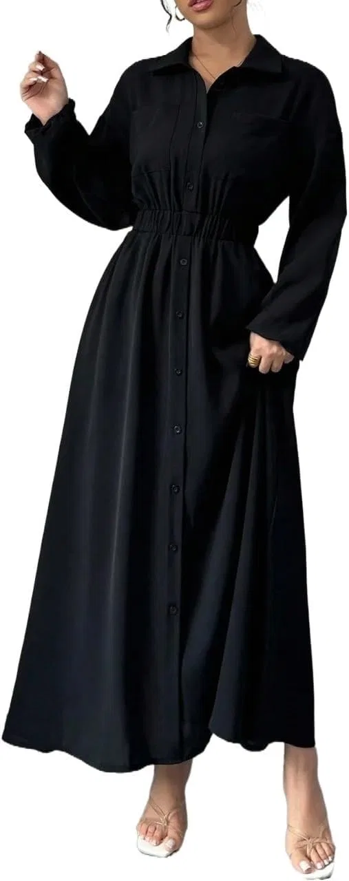 Женское макси-платье с пуговицами Casual, Black