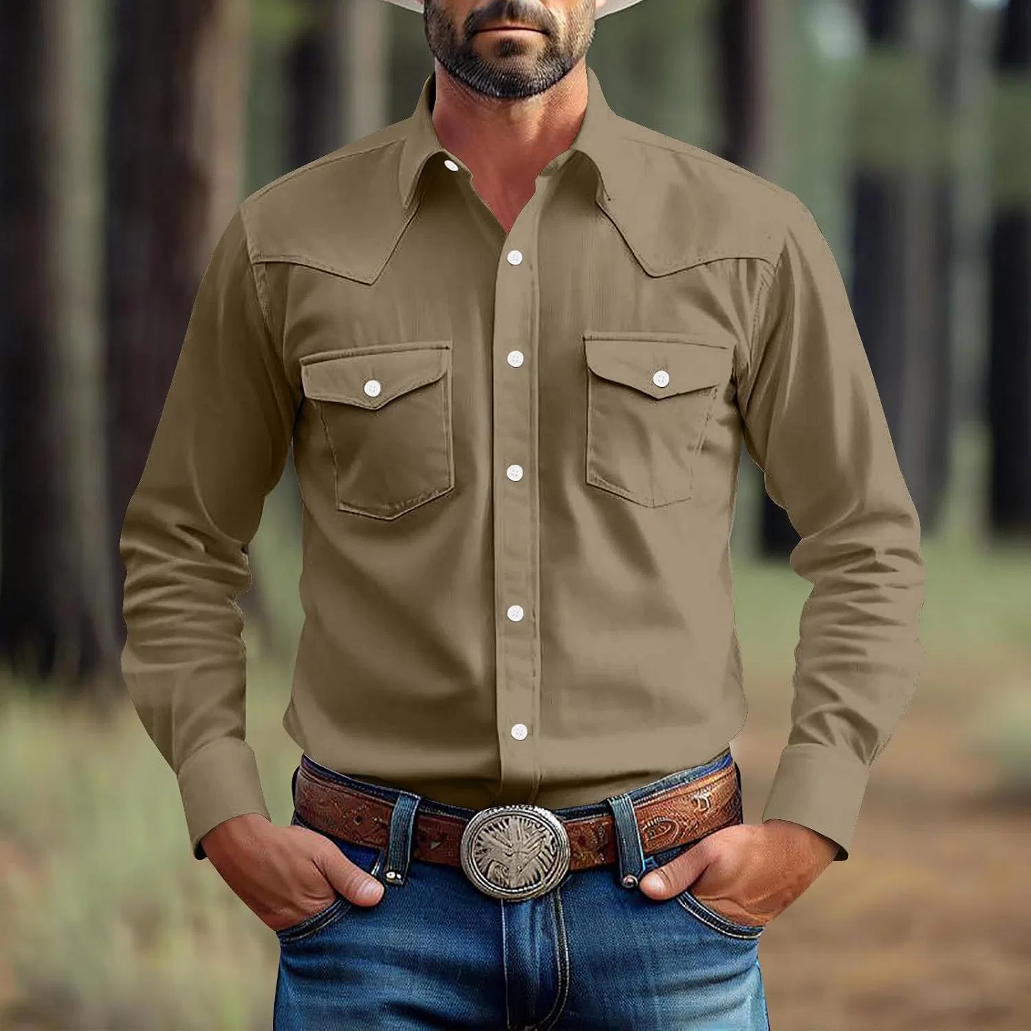 Мужская рубашка с длинным рукавом, ковбойская, Classic Dressy, кофейный — фото 2