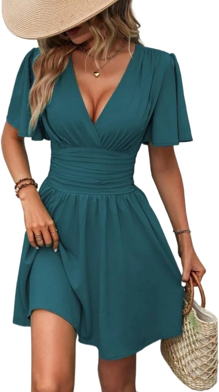 Женское A-силуэта платье с V-образным вырезом, Teal Blue