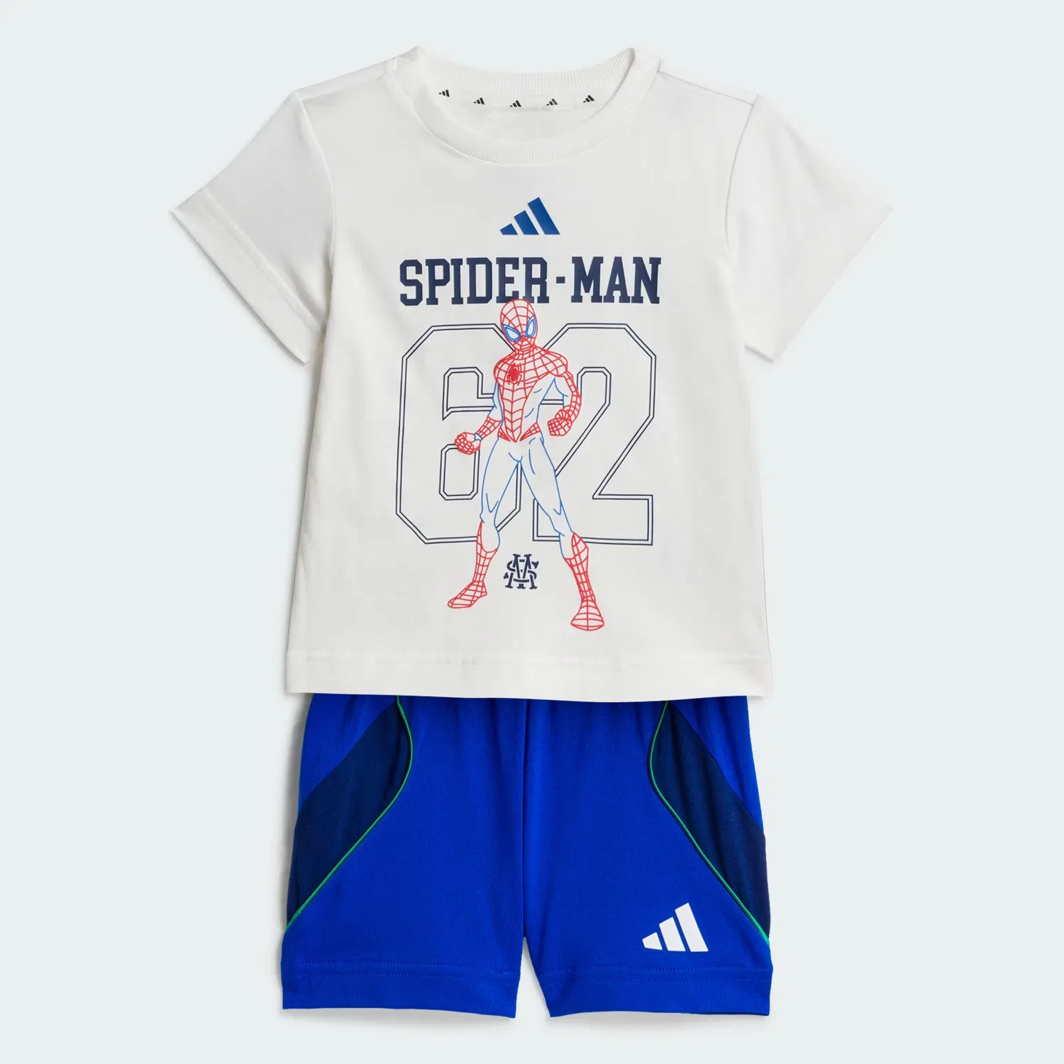 Детский спортивный комплект из футболки и шорт с принтом Marvel Spider-Man Adidas Sportswear, белый/королевский синий