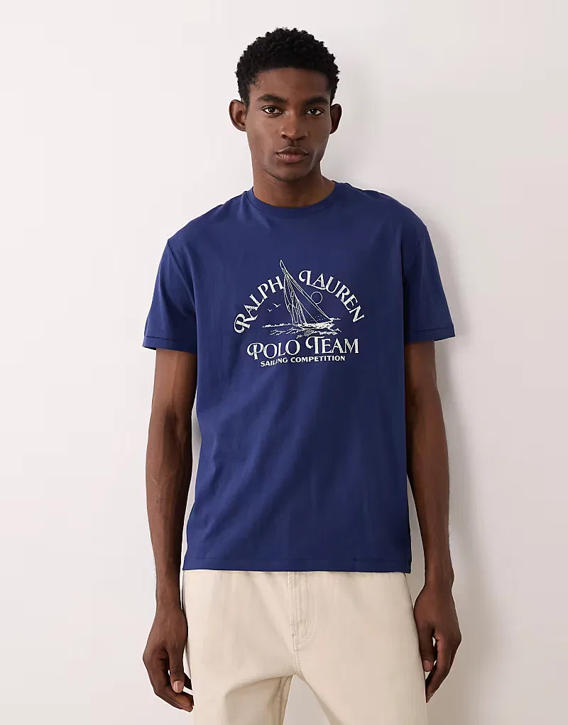 Футболка винтажная с принтом на груди Polo Ralph Lauren, темно-синий