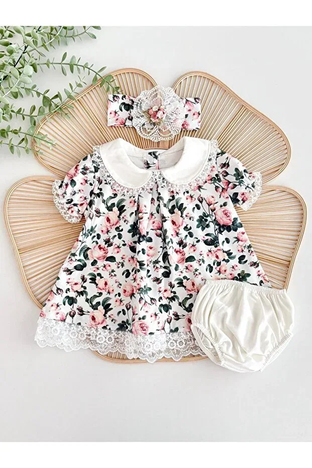 Детское платье для девочек с принтом Floral 100% Cotton Combed Cotton Lace Baby Girl Panty Summer Short Sleeve Dress Bandana Set Newborn Jammybaby, Çok Renkli