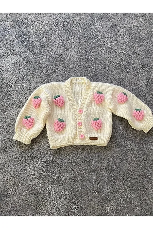 Детский кардиган для девочек с длинным рукавом Hand knitted strawberry detailed girl's cardigan Nevalin, Ecru — фото 3