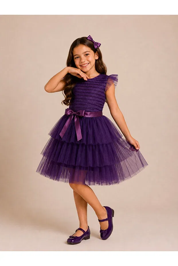 Детское платье для девочек с принтом Tutu Dress With Bow Detail Tinytrends, Purple — фото 3