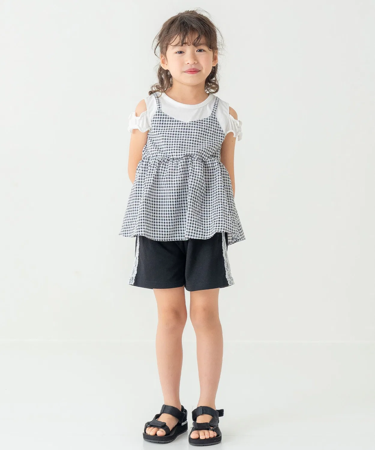 Детская туника с открытыми плечами в клетку, модель Gingham Check AIMABLE, Black/White — фото 3