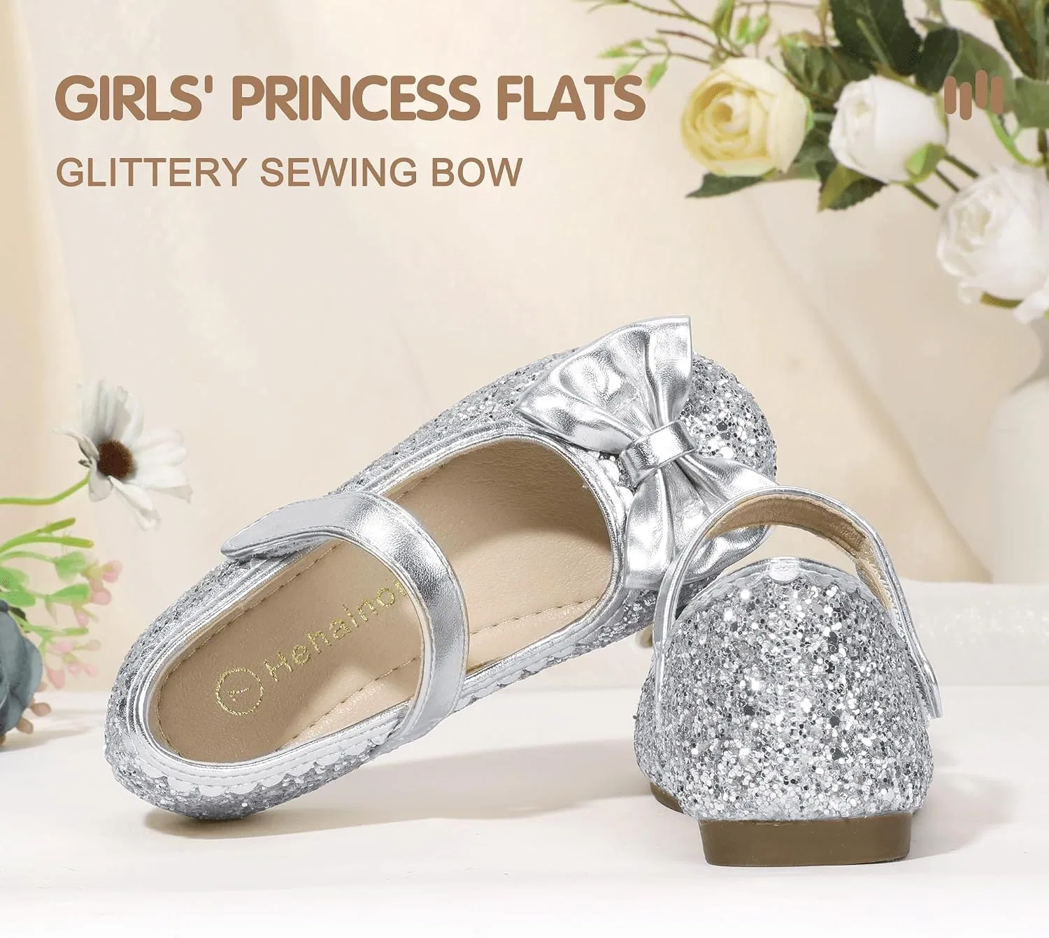 Детские балетки для девочек с бантом Hehainom, Silver Sequin — фото 4