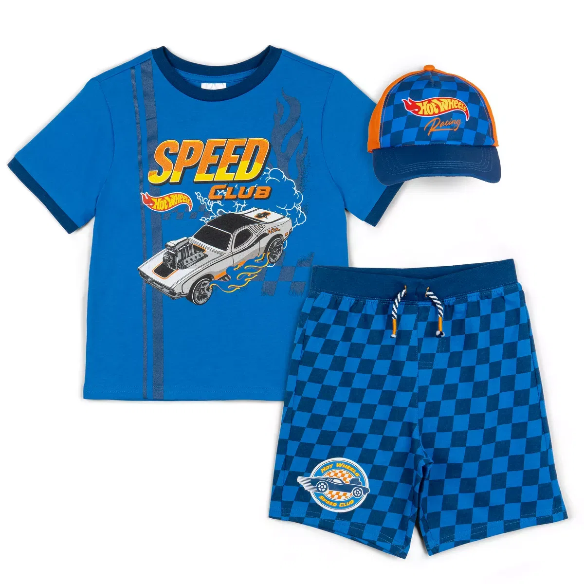 Детский комплект одежды для мальчиков с принтом Hot Wheels Ringer T-Shirt French Terry Shorts Hat 3 Piece Outfit Set Hot Wheels, Blue