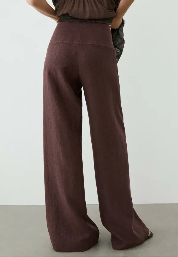 Брюки льняные Flare fit pants with striped details, Massimo Dutti, brown, коричневый — фото 3