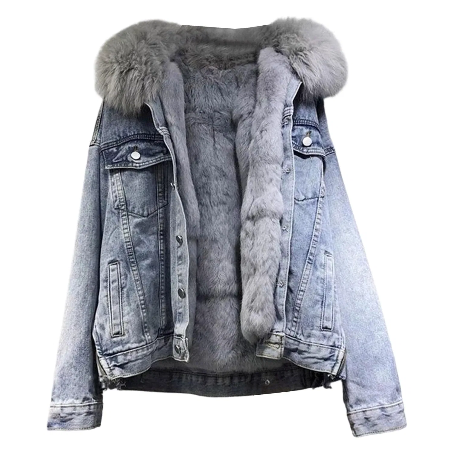 Женское джинсовое пальто на подкладке из шерпы, Azzurro chiaro