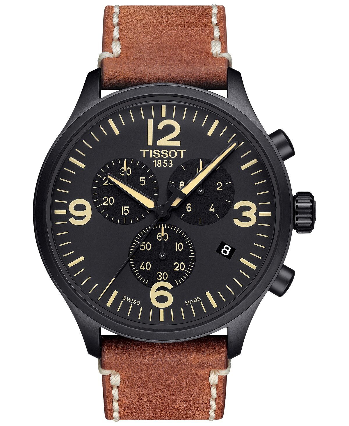 

Мужские часы Swiss Chrono XL с коричневым кожаным ремешком, 45 мм Tissot